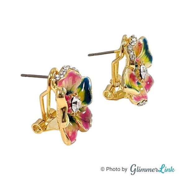 Bright Rainbow Enamel Hibiscus Gold Tone Lever Back Pierced Earrings - Picture 5 of 13